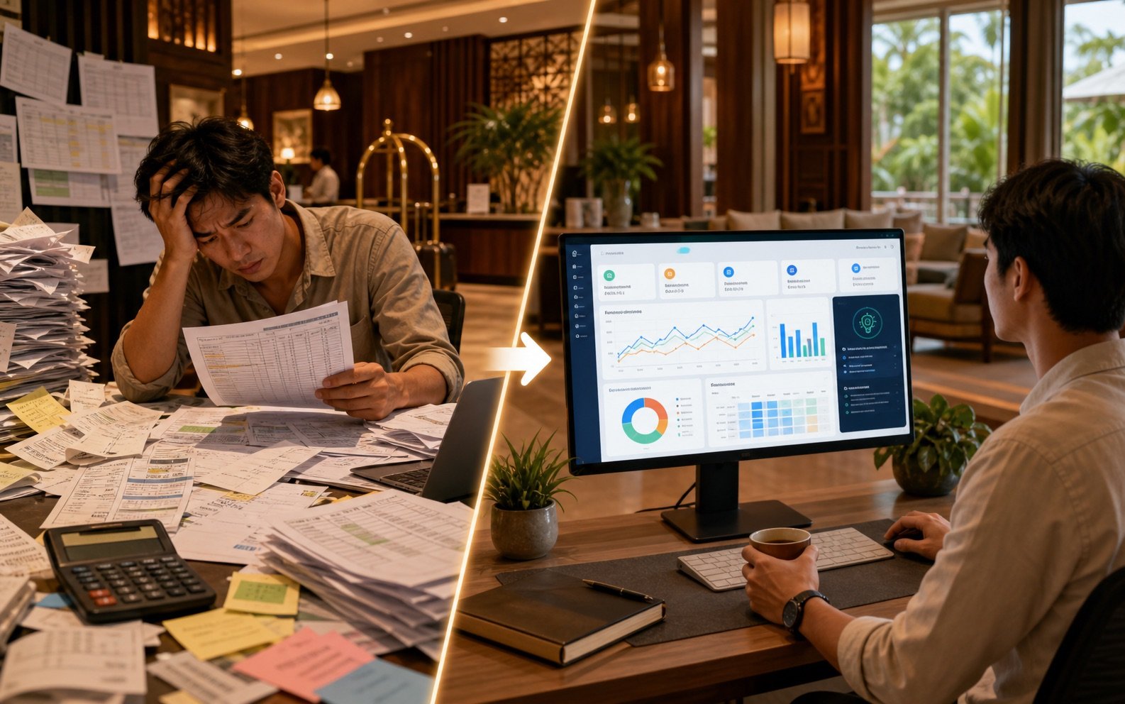 AI reporting before and after for a Thai hotel manager